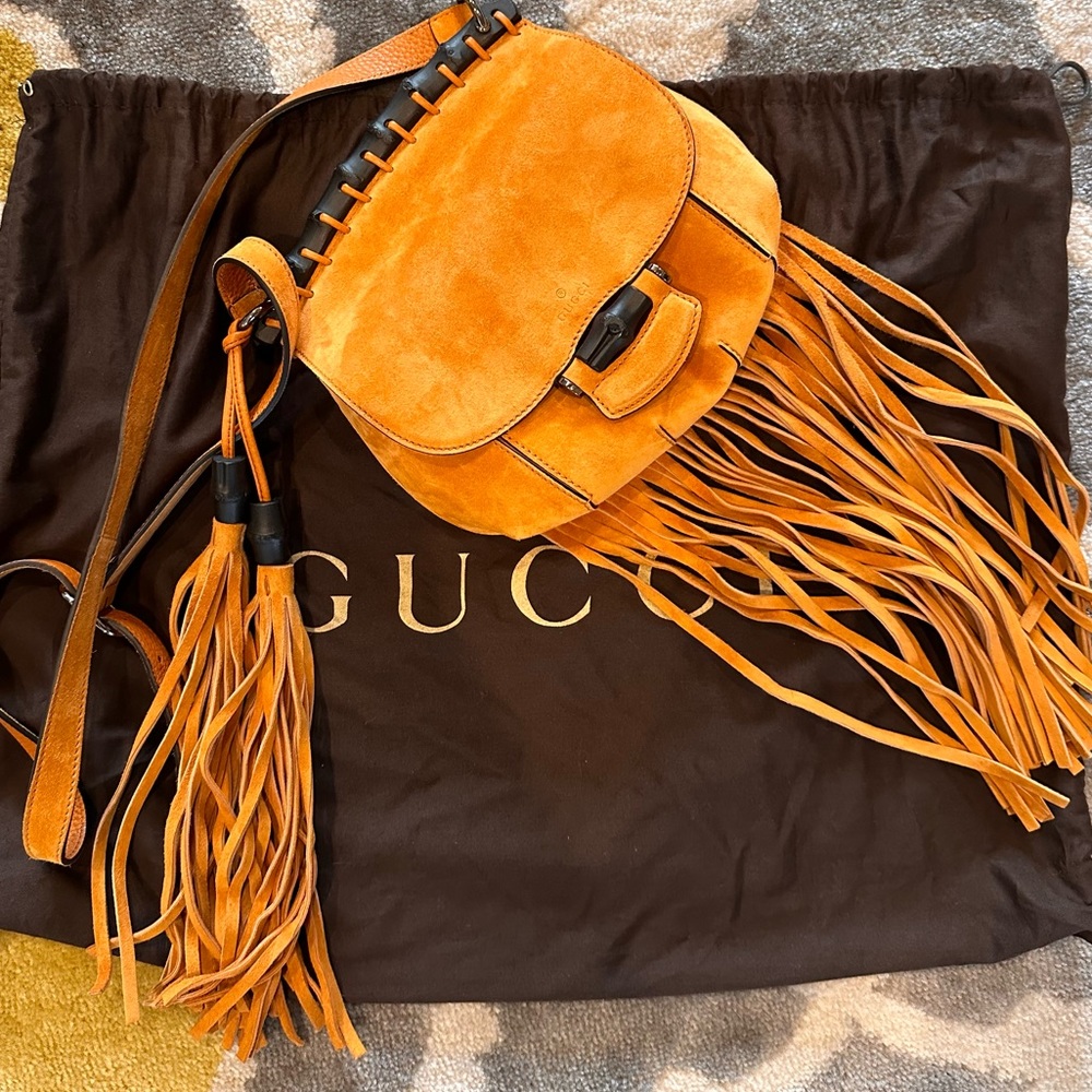 🎉GUCCI Small Nouveau Fringe Shoulder Bag in Orange